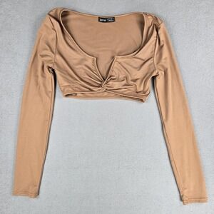 Shein Shirt Womens XS Beige Long Sleeve V Neck Twist Front Crop Top Slim Fit